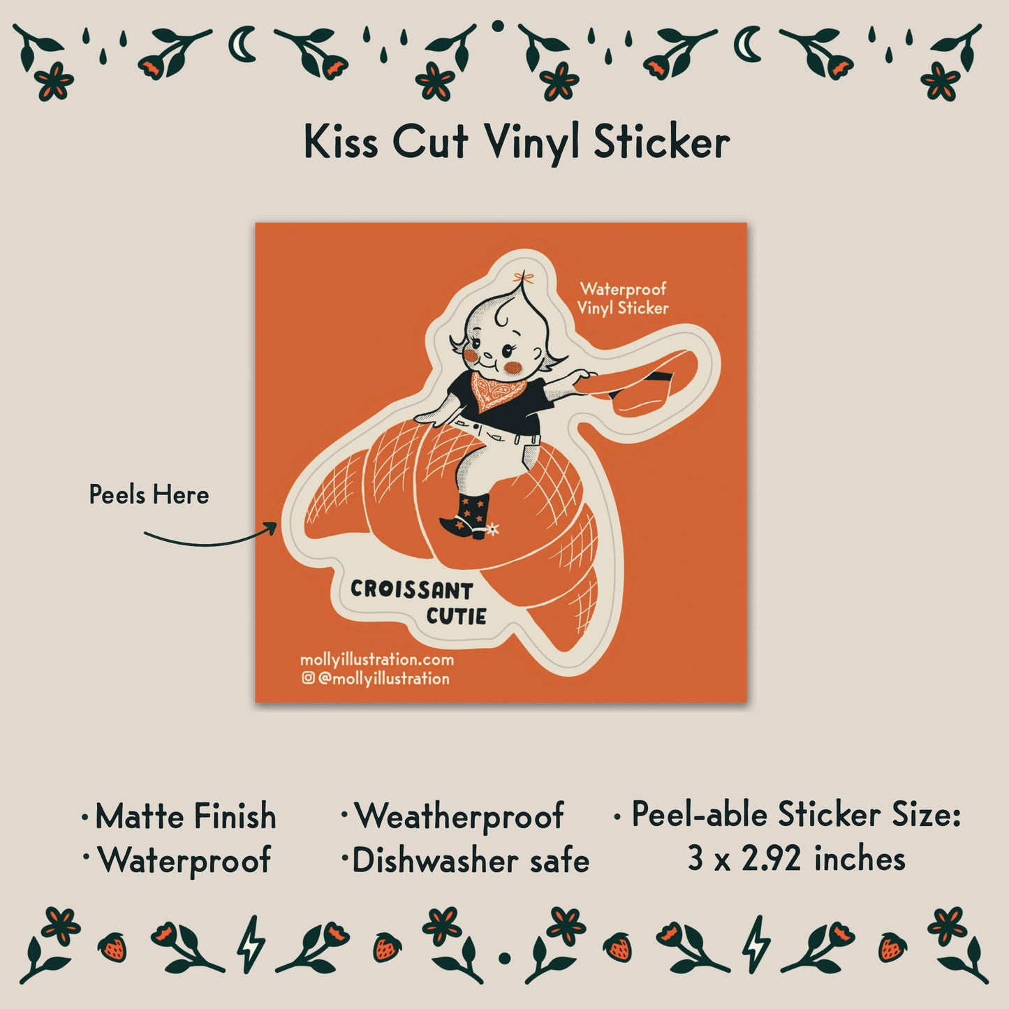 Croissant Cutie Kewpie Cartoon Waterproof Vinyl Sticker