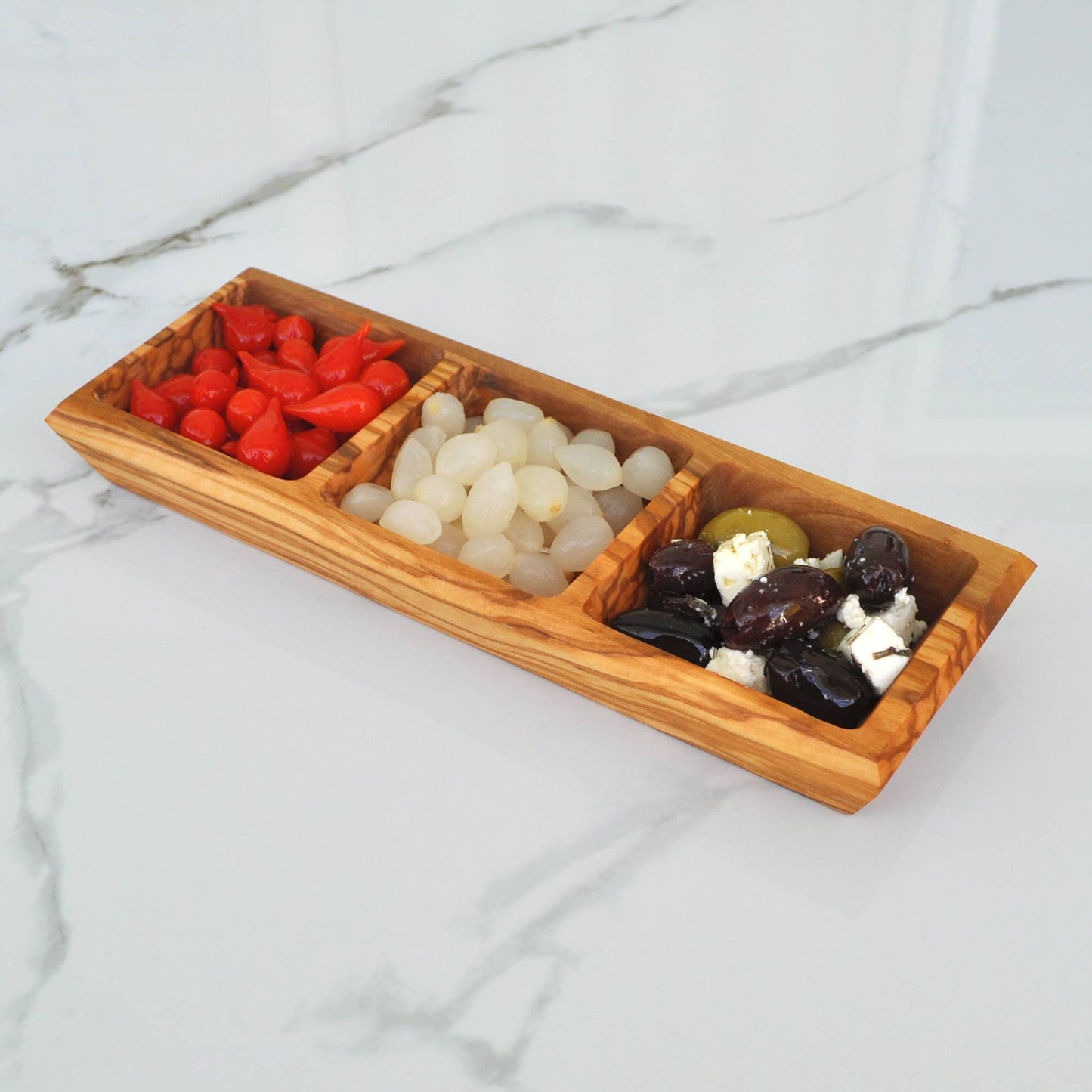 Olive Wood Triple Dipping Bowl - Square - 9.5”