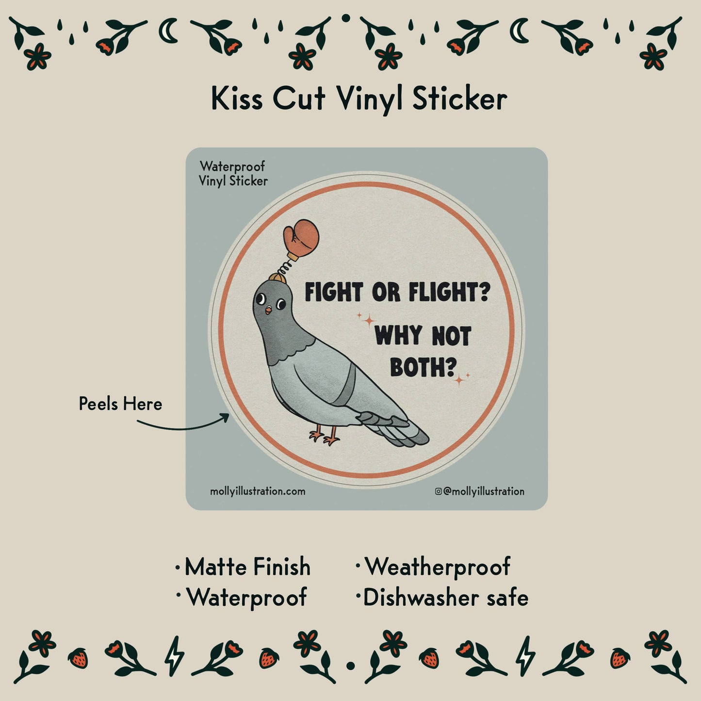 Fight or Flight Funny Pigeon Vinyl Waterproof Sticker