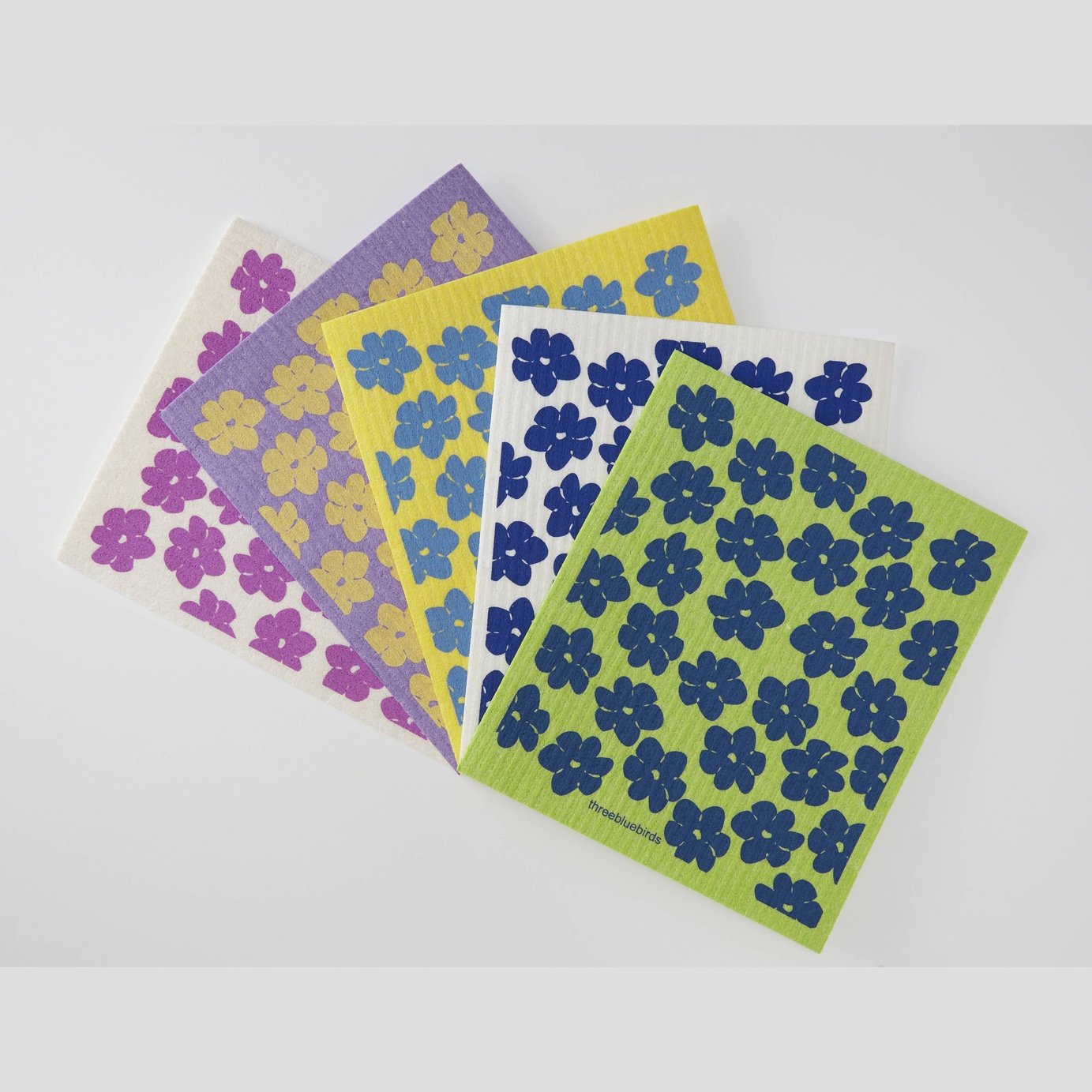 Periwinkle Poppies on Yellow Swedish Dishcloth