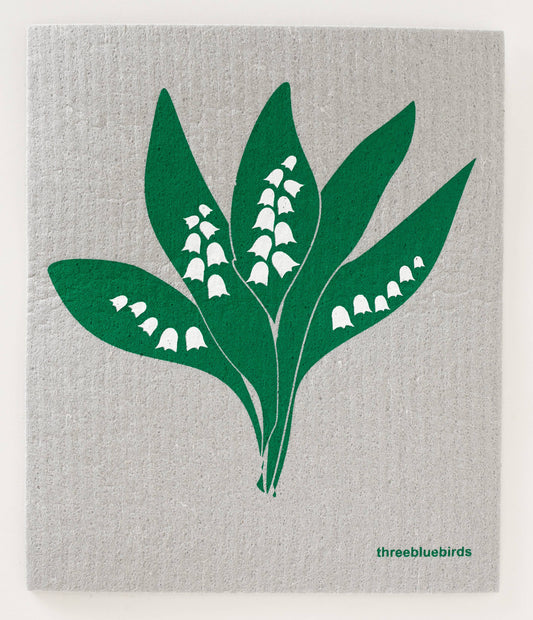 Lily of the Valley on Grey Swedish Dishcloth