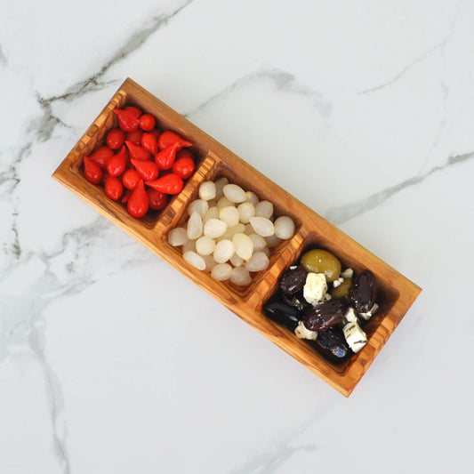 Olive Wood Triple Dipping Bowl - Square - 9.5”