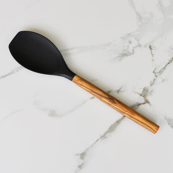 Silicone Rounded Spatula (Black) with Olive Wood Handle - 12"