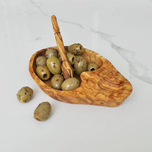 Olive Wood Olive Dish with Olive Stabber Gift Set