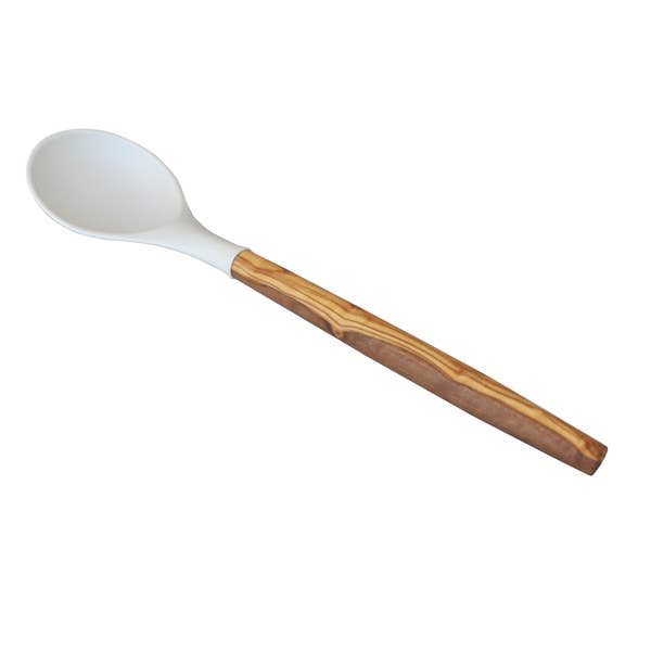 Silicone Round Spoon (White) with Olive Wood Handle - 12"