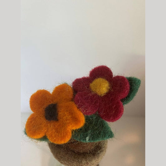 Felted Wool "Red & Orange Daisies in Pot" Ornament