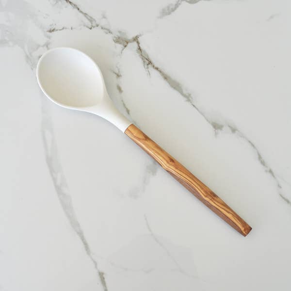 Silicone Round Spoon (White) with Olive Wood Handle - 12"