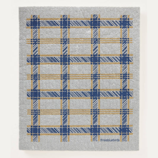 Blue Plaid on Grey Swedish Dishcloth