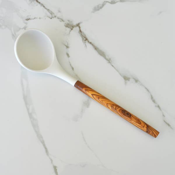 Silicone Ladle (White) with Olive Wood Handle - 12"